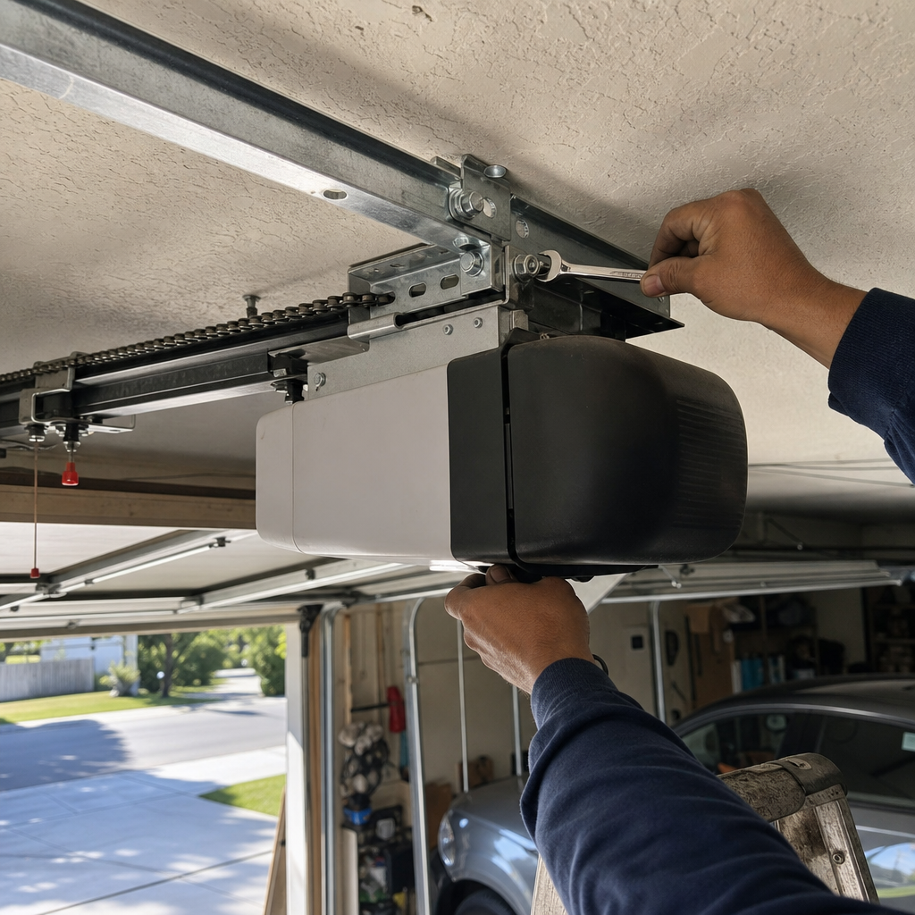 Professional installing garage door opener with wrench