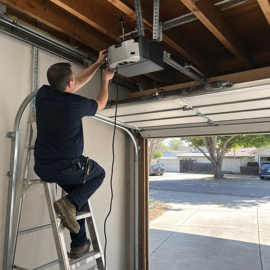 Professional installs garage door opener on ladder