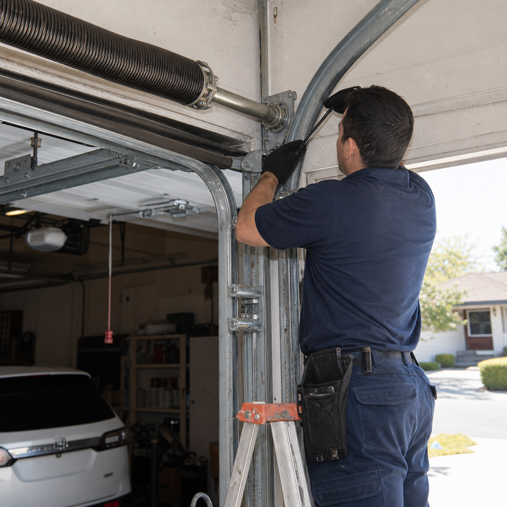 Garage door technician replacing torsion spring system parts