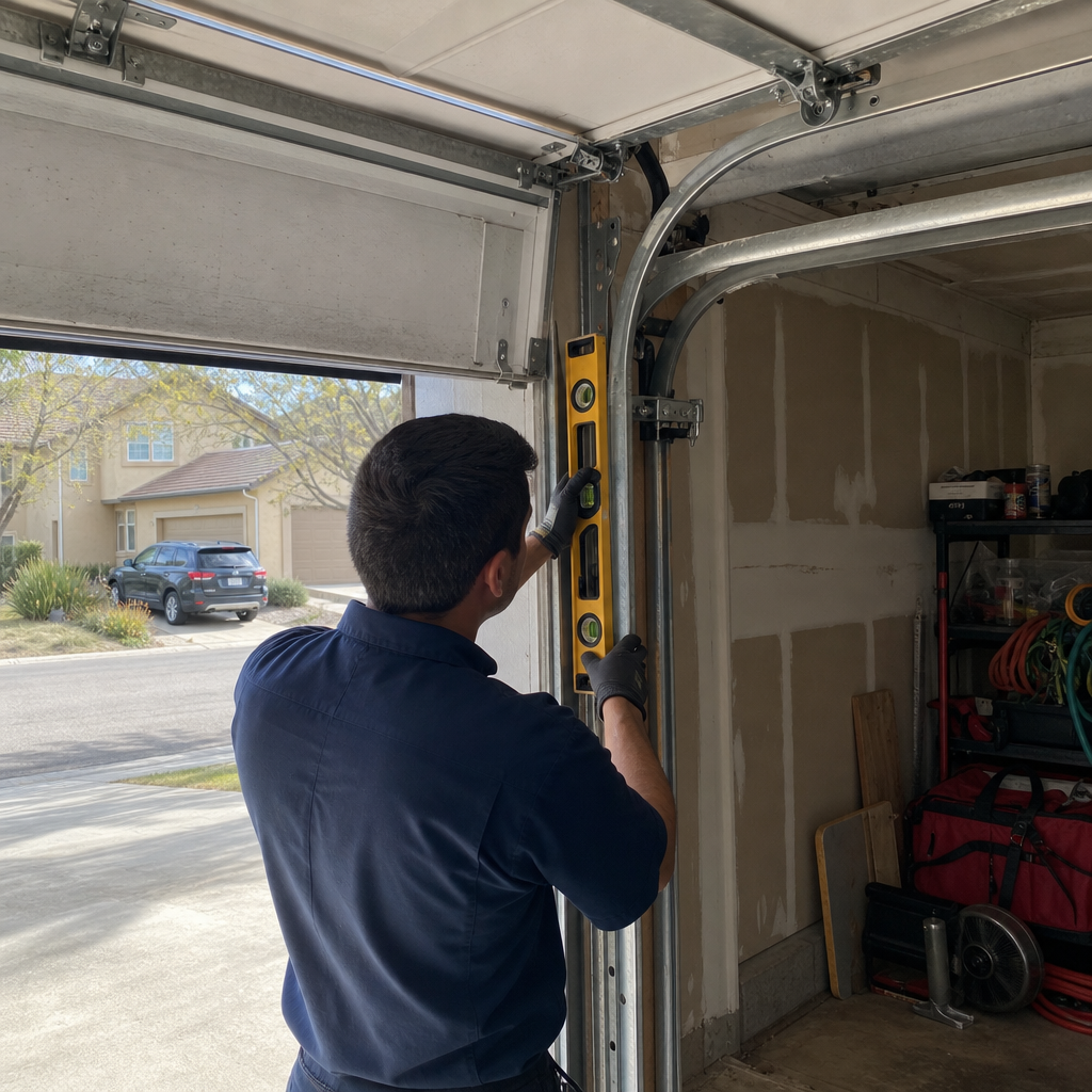 Garage door repair technician checking track alignment with a level