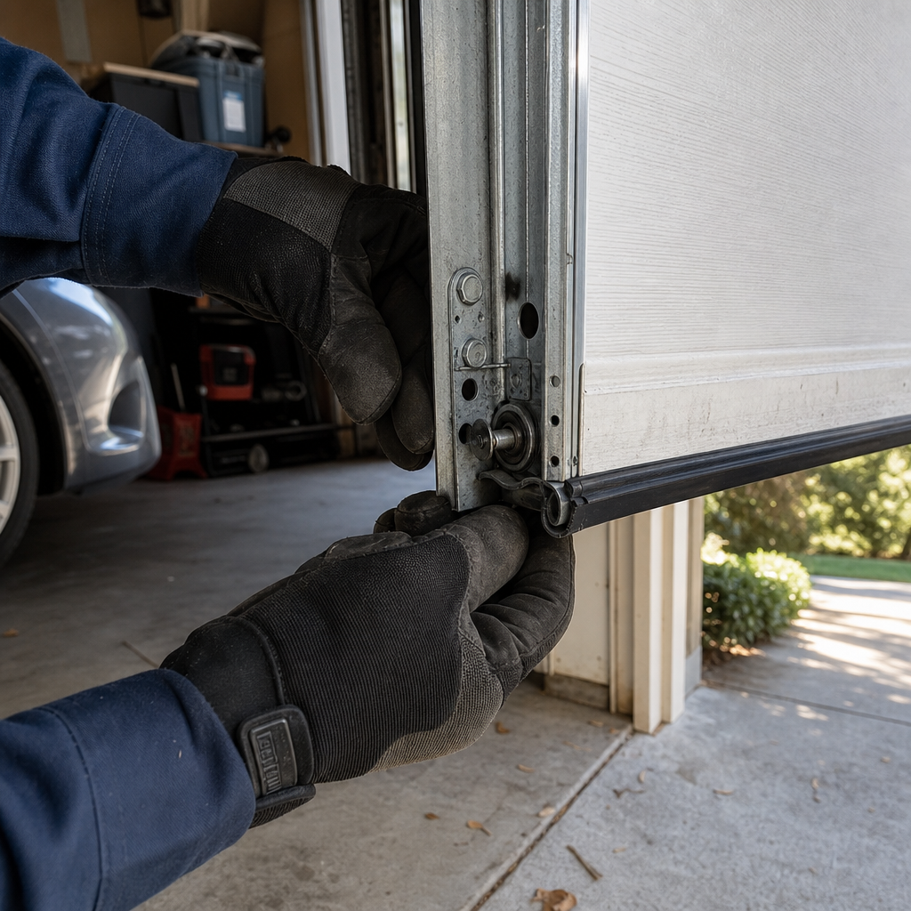 Technician adjusting garage door roller for emergency repair in Sacramento, CA